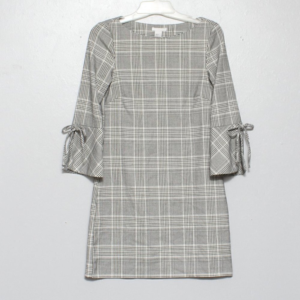 H&M black white plaid crop bow sleeve academia dress